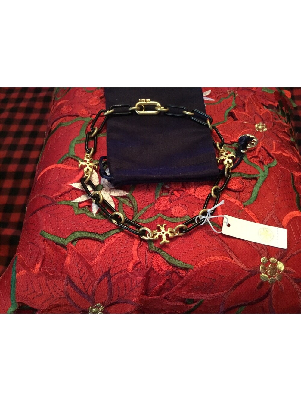 Tory Burch Roxanne Chain Necklace w/Black Enamel Links & Gold-tone Logo Accents